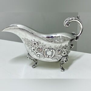 Early 20th Century Vtg Ornate Lion Head Silver Plated Copper Footed Gravy Boat